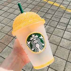 NWOT Starbucks Orange Bling Rhinestone Cup with Green Straw